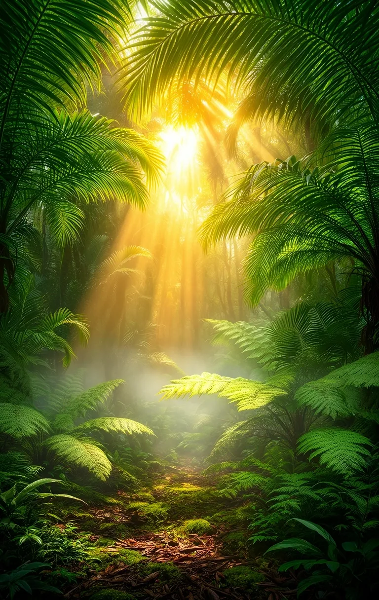 Botanical interior showing light filtering through tropical foliage